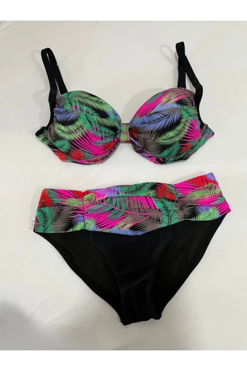 Kadın Siyah Çok Renk Desenli  Astarlı Büyük Beden Bikini Takımı HZL25S-LC06