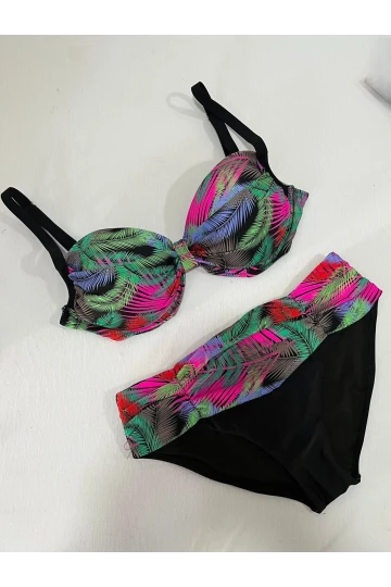 Kadın Siyah Çok Renk Desenli  Astarlı Büyük Beden Bikini Takımı HZL25S-LC06