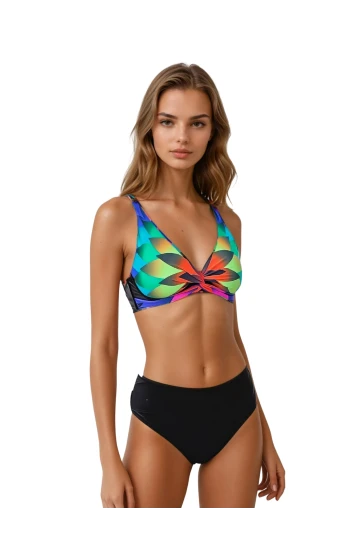 Kadın Siyah Çok Renkli Yüksel Bel Astarlı Bikini Takımı HZL25S-LC22315
