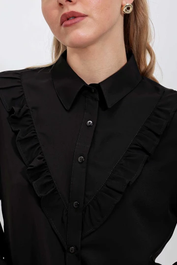Kadın Siyah Fırfır Detaylı Uzun Kollu Şık Gömlek HZL25W-BD1202231