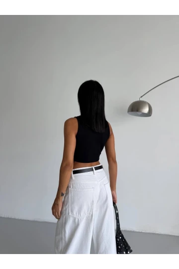 Kadın Siyah Fitilli Kaşkorse Crop Bluz HZL25S-FRY123171