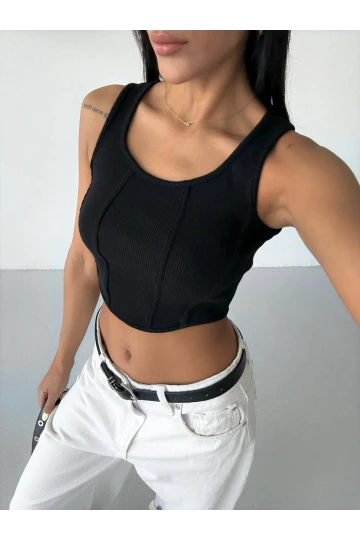 Kadın Siyah Fitilli Kaşkorse Crop Bluz HZL25S-FRY123171