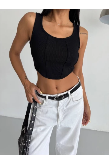 Kadın Siyah Fitilli Kaşkorse Crop Bluz HZL25S-FRY123171