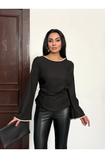 Kadın Siyah İp Bağlamalı Biye Detaylı Uzun Kollu Keten Bluz HZL25W-FRY123691