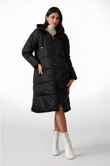 Kadın Siyah Kapşonlu Uzun Oversize Şişme Mont HZL22W-BD151201