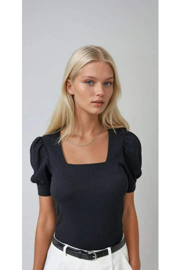Kadın Siyah Kare Yaka Örme Bluz HZL22W-BD104091