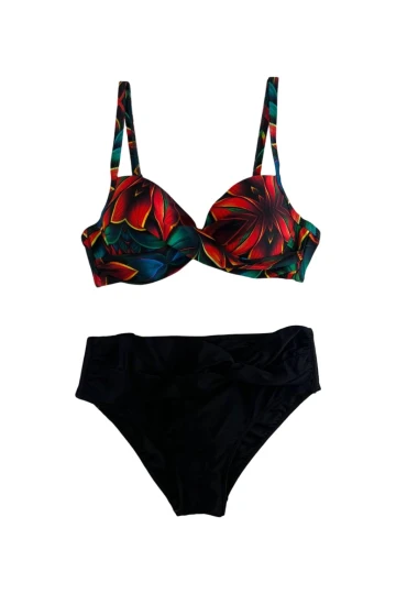 Kadın Siyah Kırmızı Çiçek Desenli Astarlı Büyük Beden Bikini Takımı HZL25S-LC24108