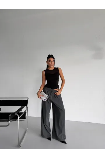 Kadın Siyah Kolsuz Likralı Tül Detay Sandy Bluz HZL26W-FRY123721