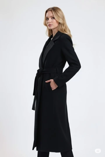 Kadın Siyah Kuşaklı Cepli Uzun Kaşe Kaban HZL25W-BD191471