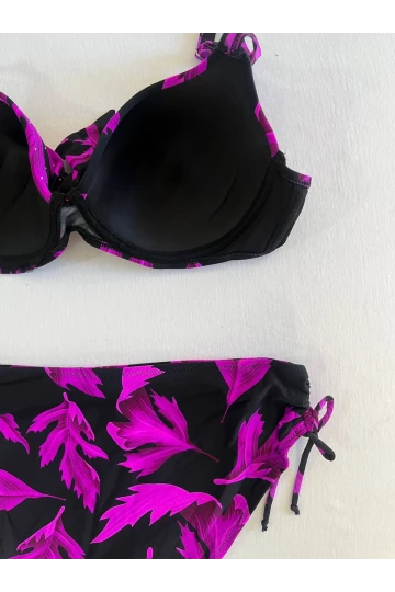 Kadın Siyah Mor Taş İşlemeli Büyük Beden Bikini Takım HZL25S-LC3337