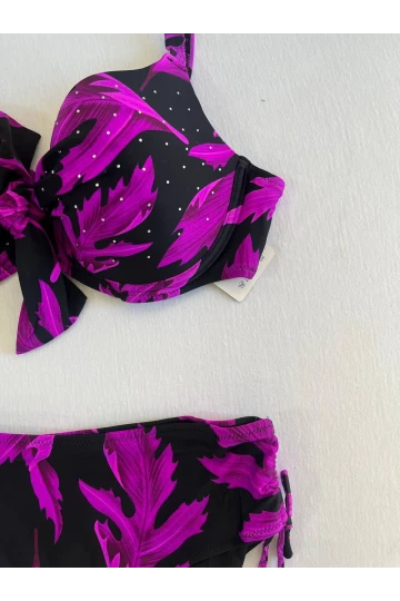 Kadın Siyah Mor Taş İşlemeli Büyük Beden Bikini Takım HZL25S-LC3337