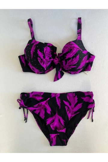 Kadın Siyah Mor Taş İşlemeli Büyük Beden Bikini Takım HZL25S-LC3337