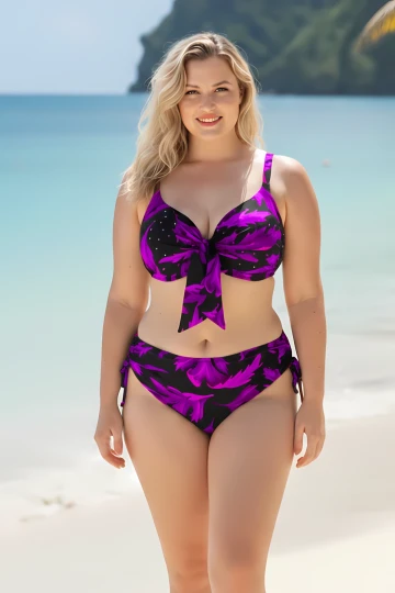 Kadın Siyah Mor Taş İşlemeli Büyük Beden Bikini Takım HZL25S-LC3337