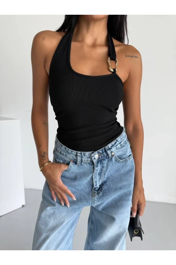 Kadın Siyah Ottoman Kumaş Halter Yaka Toka Detay Bluz HZL26W-FRY123321