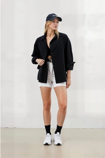 Kadın Siyah Oversize Uzun Basic Gömlek HZL22W-BD139001