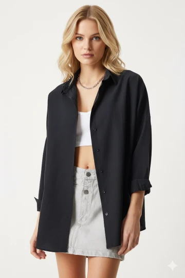 Kadın Siyah Oversize Uzun Basic Gömlek HZL22W-BD139001