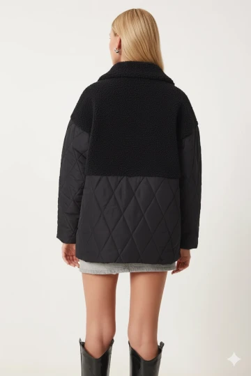 Kadın Siyah Peluş Detaylı İçi Astarlı Kapitone Şişme Mont HZL24W-BD151821