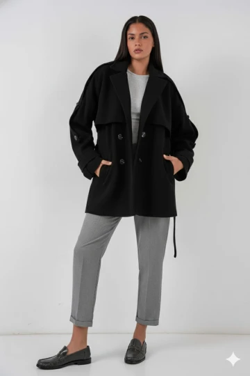 Kadın Siyah Premium Midi Boy Astarlı Kaşe Kaban HZL25W-BD191571