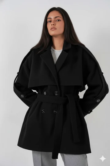 Kadın Siyah Premium Midi Boy Astarlı Kaşe Kaban HZL25W-BD191571