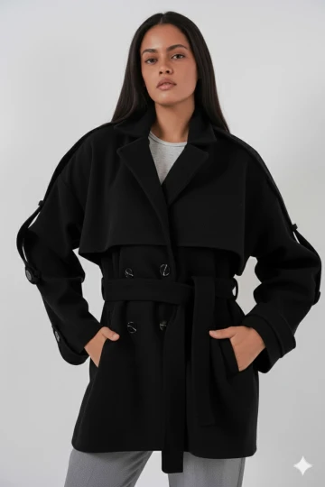 Kadın Siyah Premium Midi Boy Astarlı Kaşe Kaban HZL25W-BD191571