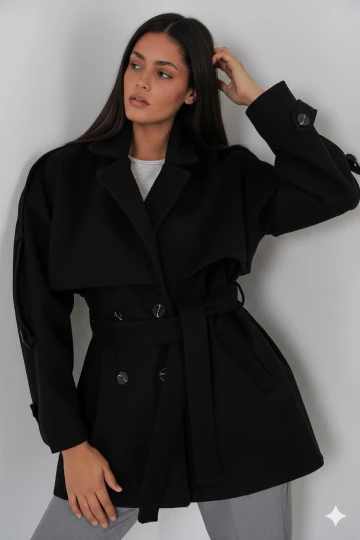 Kadın Siyah Premium Midi Boy Astarlı Kaşe Kaban HZL25W-BD191571