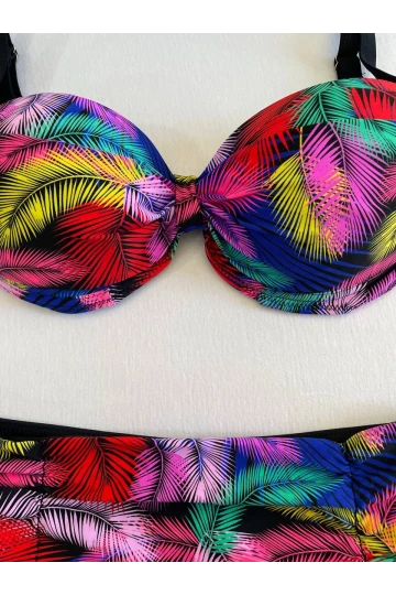 Kadın Siyah Sarı Kırmızı Çok Renk Desenli  Astarlı Büyük Beden Bikini Takımı HZL25S-LC06