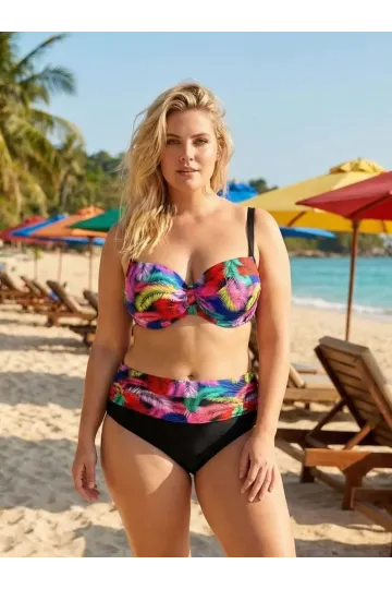 Kadın Siyah Sarı Kırmızı Çok Renk Desenli  Astarlı Büyük Beden Bikini Takımı HZL25S-LC06