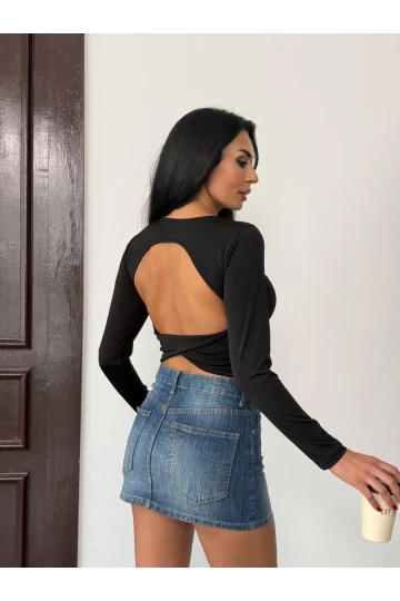 Kadın Siyah Sırt Dekolteli  Uzun Kollu Sandy Bluz HZL25W-FRY123381