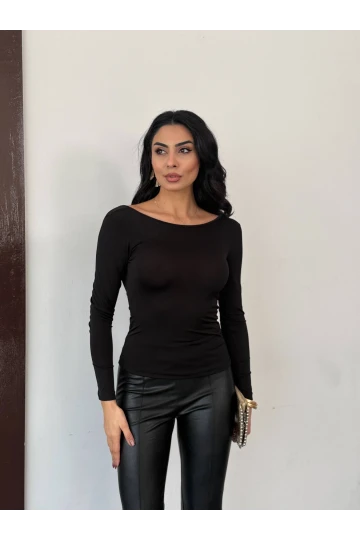 Kadın Siyah Sırtı Açık Fiyonk Bağlamalı Uzun Kol Bluz HZL25W-FRY123661