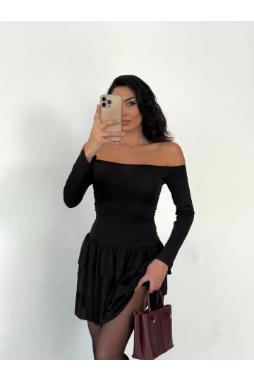 Kadın Siyah Straplez Yaka Kat Kat Etek Detaylı Mini Elbise HZL25W-FRY123581