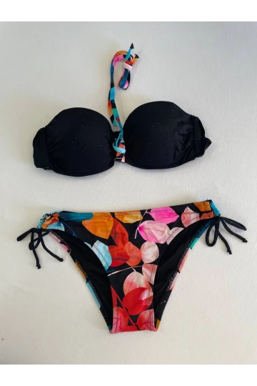 Kadın Siyah Taş İşlemeli Astarlı Bikini Takım HZL25S-LC207