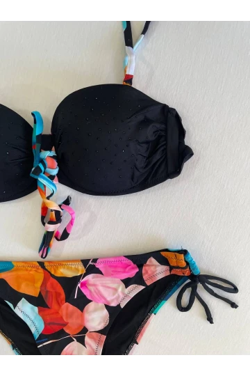 Kadın Siyah Taş İşlemeli Astarlı Bikini Takım HZL25S-LC207