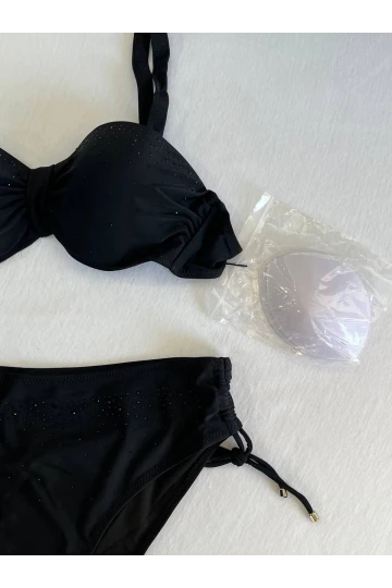 Kadın Siyah Taş İşlemeli Astarlı Bikini Takım HZL25S-LC3361