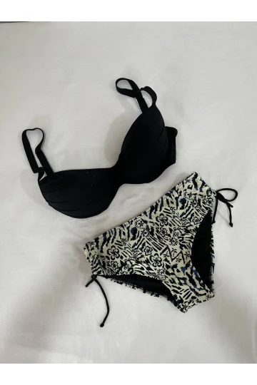 Kadın Siyah Taş İşlemeli Bej Desenli Astarlı Büyük Beden Bikini Takımı HZL25S-LC3351