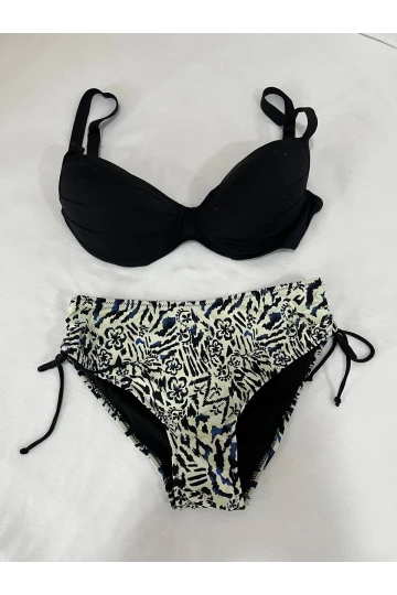 Kadın Siyah Taş İşlemeli Bej Desenli Astarlı Büyük Beden Bikini Takımı HZL25S-LC3351