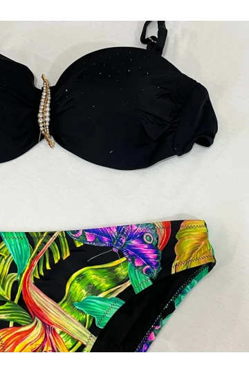 Kadın Siyah Taş İşlemeli Toka Aksesuarlı Astarlı Bikini Takım HZL25S-LC208