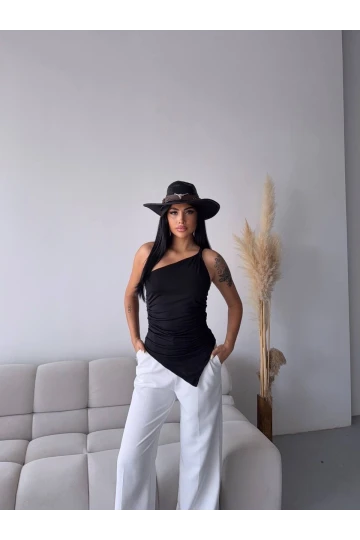Kadın Siyah Tek Omuz Asimetrik Kesim Sandy Bluz HZL25S-FRY123241