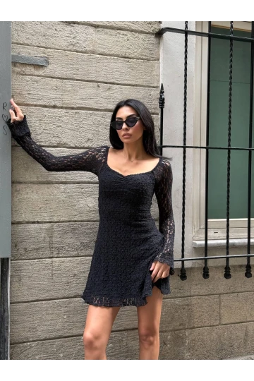 Kadın Siyah Uzun Kollu Dantel Detay Astarlı Kloş Elbise HZL25W-FRY123531