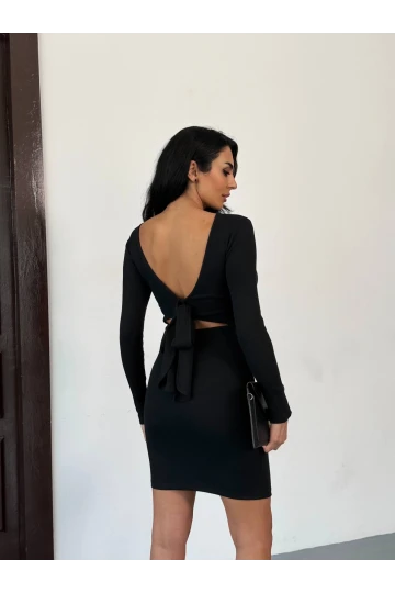 Kadın Siyah Uzun Kollu İp Bağlamalı Sırt Dekolteli Kaşkorse Mini Elbise HZL25W-FRY120411