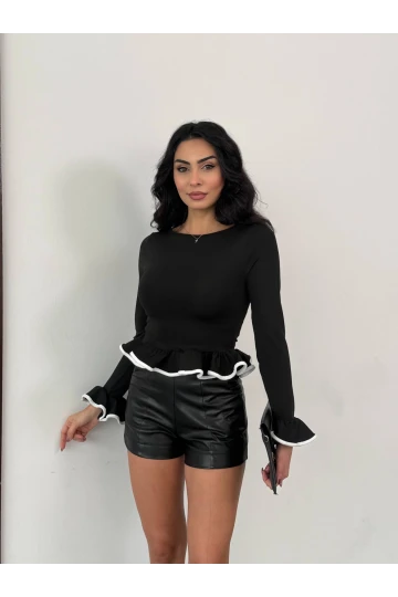 Kadın Siyah Uzun Kollu Volanlı ve Biyeli Dalgıç Kumaş Bluz HZL25W-FRY123651