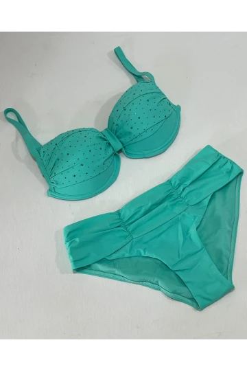 Kadın Turkuaz Taş İşlemeli Astarlı Büyük Beden Bikini Takımı HZL25S-LC01