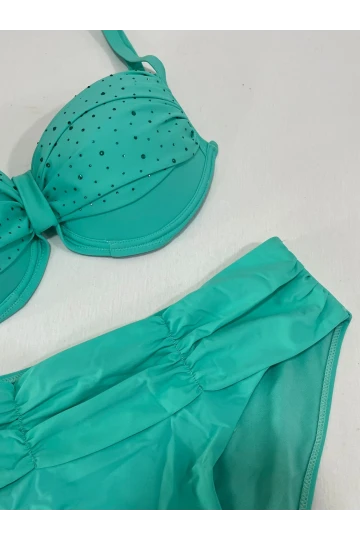 Kadın Turkuaz Taş İşlemeli Astarlı Büyük Beden Bikini Takımı HZL25S-LC01