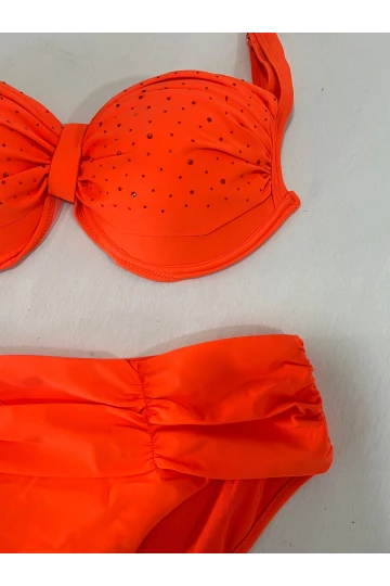 Kadın Turuncu Taş İşlemeli Astarlı Büyük Beden Bikini Takımı HZL25S-LC01
