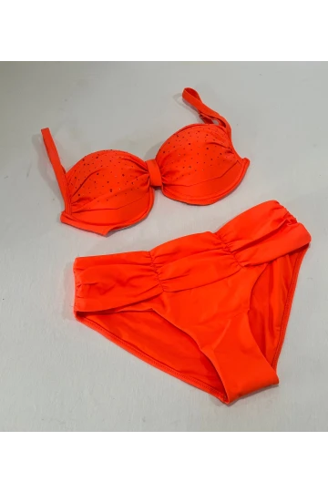 Kadın Turuncu Taş İşlemeli Astarlı Büyük Beden Bikini Takımı HZL25S-LC01