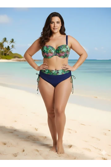 Kadın Yeşil Çiçek Desenli Astarlı Lacivert Büyük Beden Bikini Takım HZL25S-LC3301