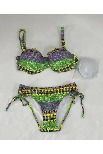 Kadın Yeşil Çok Renkli Etnik Desen Atarlı Bikini Takımı HZL25S-LC8004