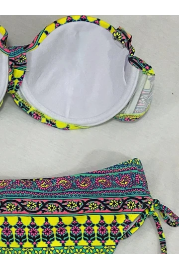 Kadın Yeşil Çok Renkli Etnik Desen Atarlı Bikini Takımı HZL25S-LC8004