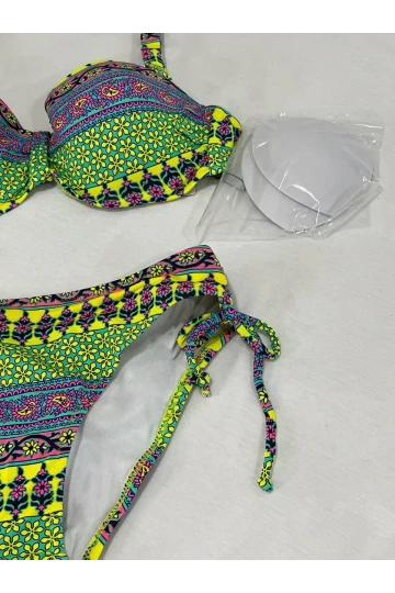 Kadın Yeşil Çok Renkli Etnik Desen Atarlı Bikini Takımı HZL25S-LC8004