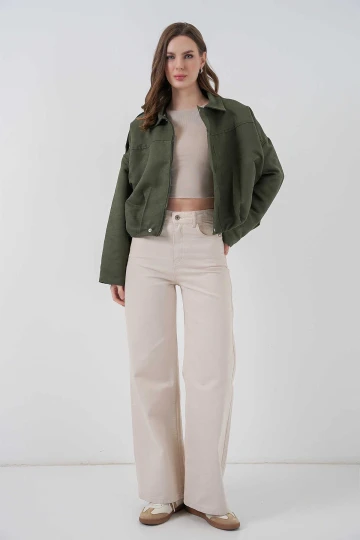 Kadın Yeşil Oversize Fermuar ve Çıt Çıt Kapamalı Cepsiz Süet Deri Ceket HZL25W-BD107301