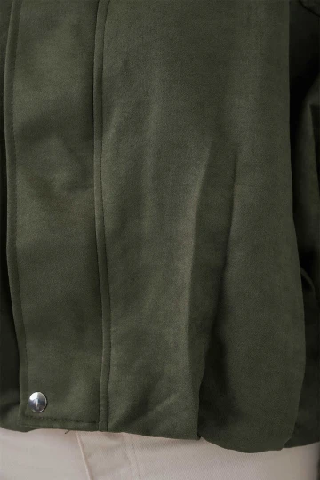 Kadın Yeşil Oversize Fermuar ve Çıt Çıt Kapamalı Cepsiz Süet Deri Ceket HZL25W-BD107301